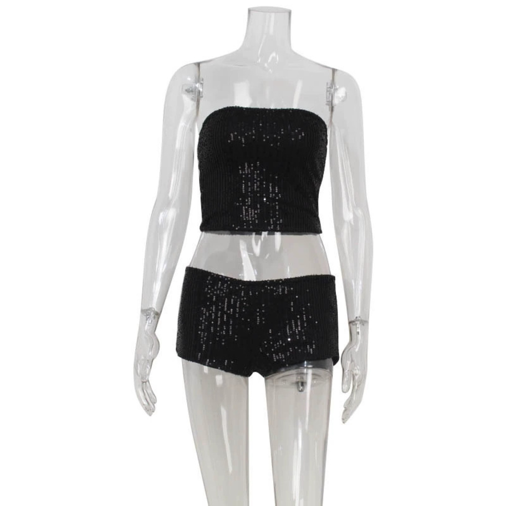 ZARA Sexy Sleeveless Sequin Tube Top Fitted Shorts Set